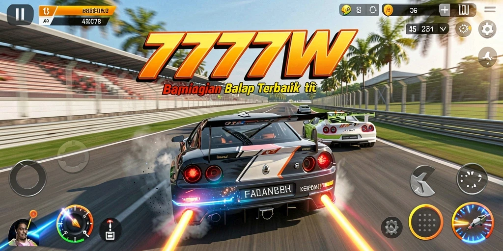 Screenshot utama 7777W menampilkan aksi balap yang menegangkan.