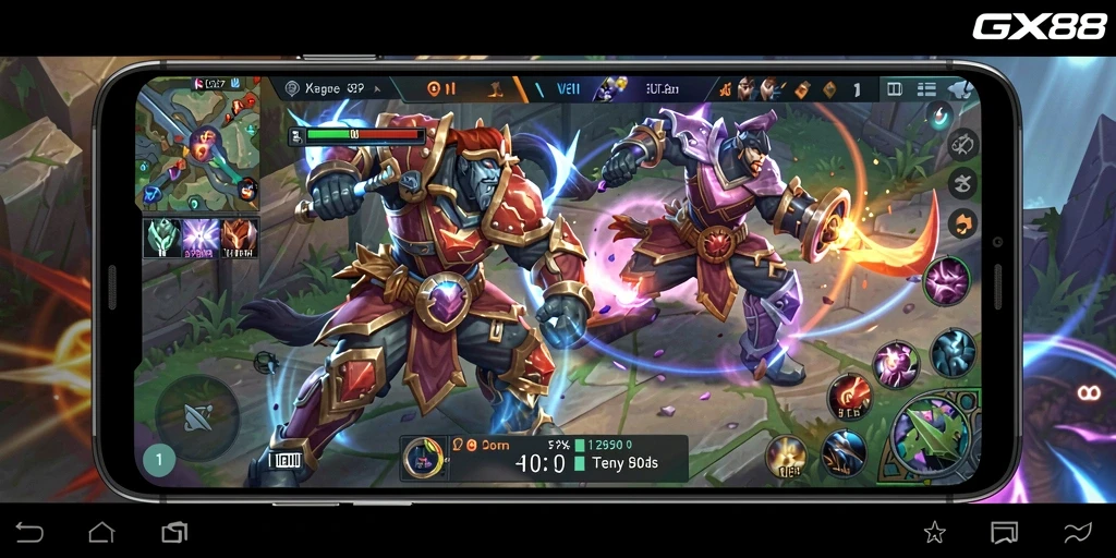 Screenshot utama GX88 menampilkan pertarungan epik dalam arena MOBA.