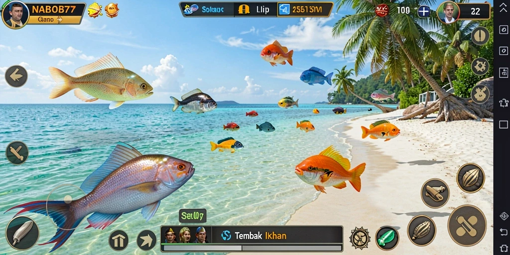 Screenshot menunjukkan gameplay seru menembak ikan di NABOB77.