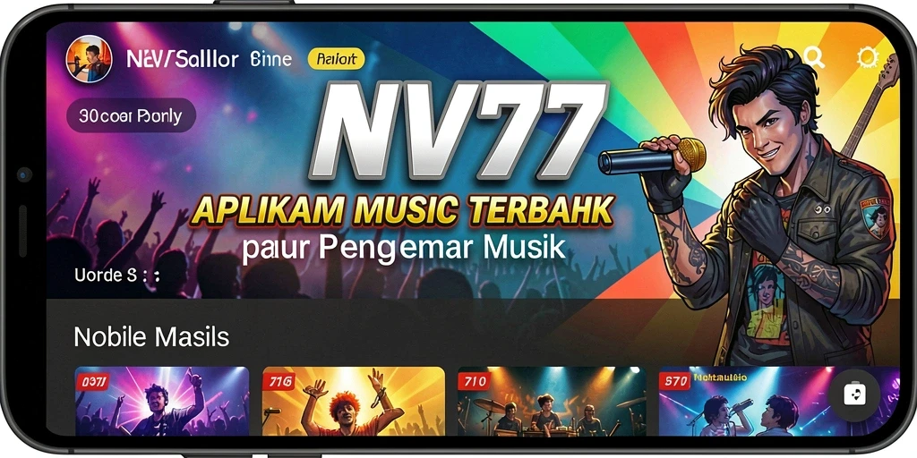Screenshot NV77 menunjukkan pengguna menikmati musik dengan antarmuka yang menarik.