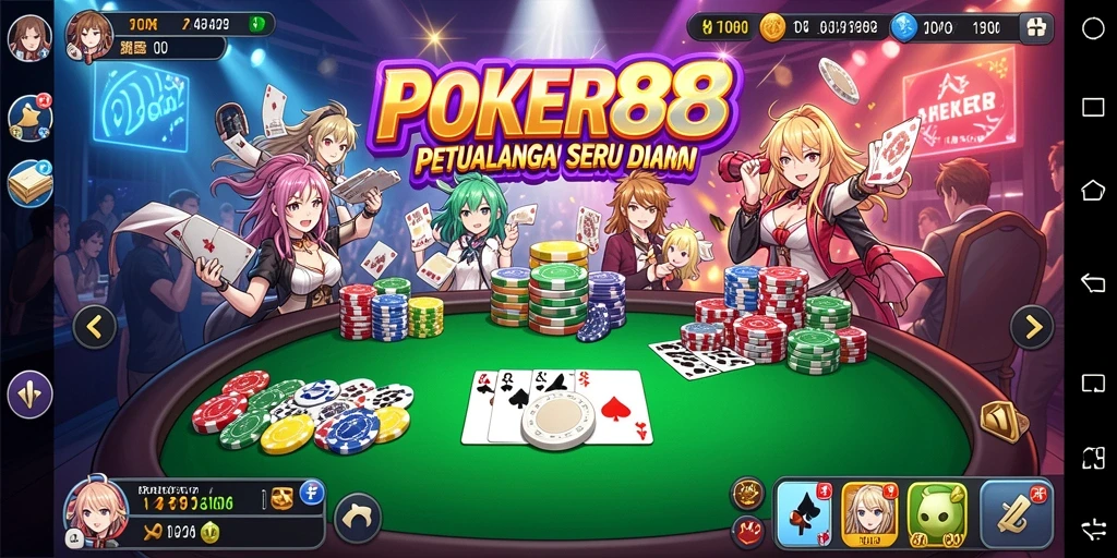 Screenshot utama POKER88 menampilkan karakter anime yang sedang bermain poker.