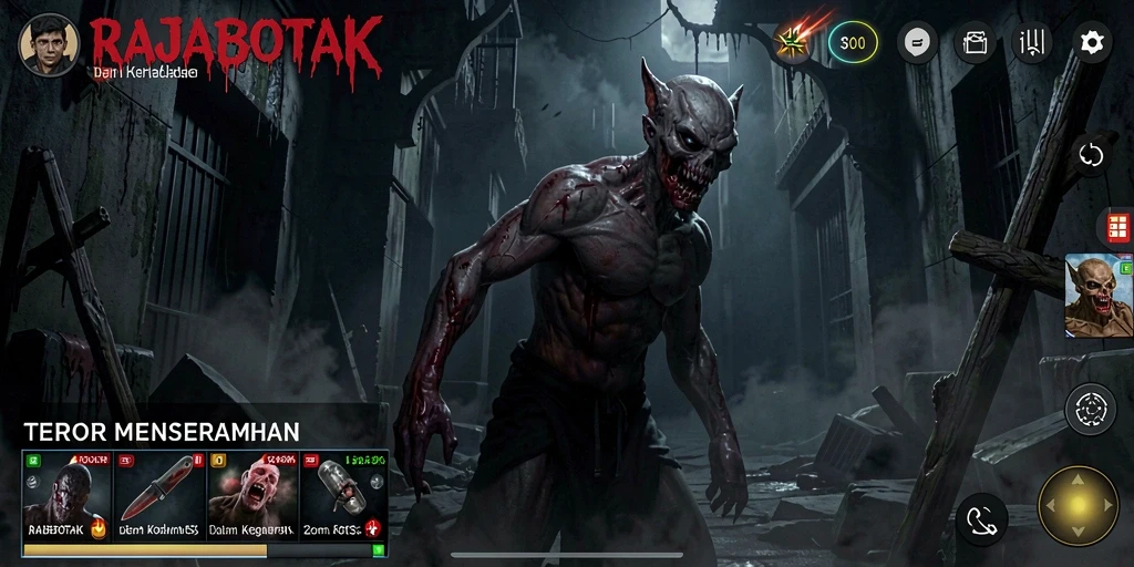 Screenshot dari gameplay RAJABOTAK menampilkan suasana yang mencekam dan penuh ketegangan.