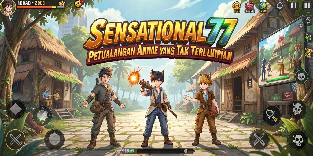 Tangkapan layar utama SENSATIONAL77 menampilkan pertarungan karakter anime yang seru.