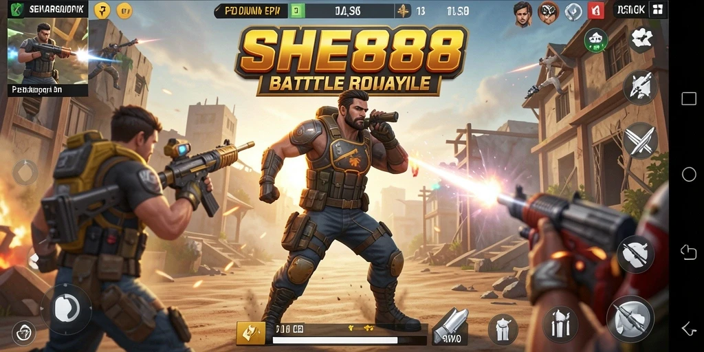 Screenshot gameplay SHE888 dengan aksi Battle Royale yang intens dan mendebarkan.