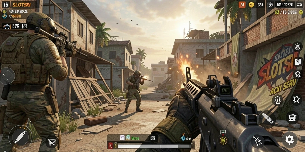 Screenshot gameplay utama SLOTSRI menampilkan aksi tembak-menembak yang intens.