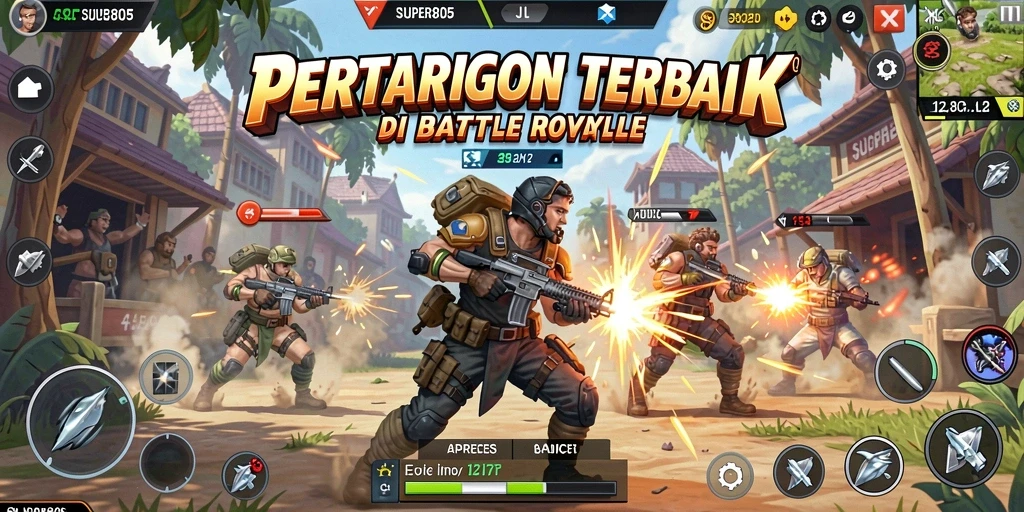 Tangkapan layar utama SUPER805 yang menampilkan aksi Battle Royale yang mendebarkan.